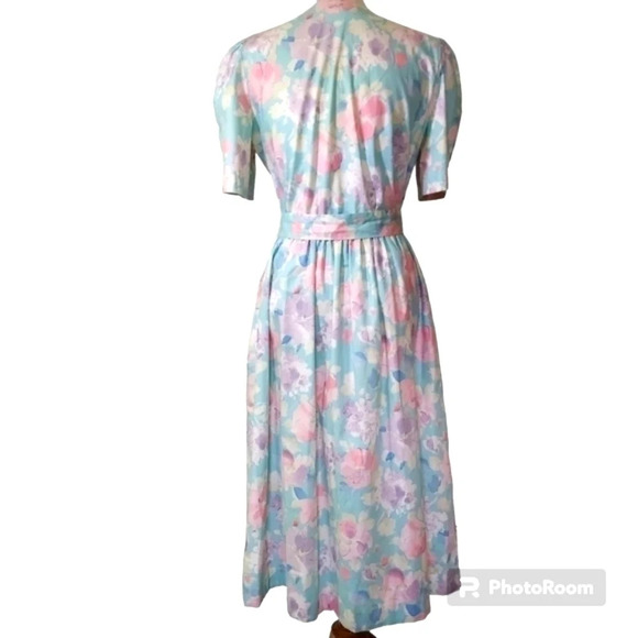 Vtg 80s Lili Richard's Aqua Lavendar Pink Floral Button Down Floral Dress - Picture 2 of 16
